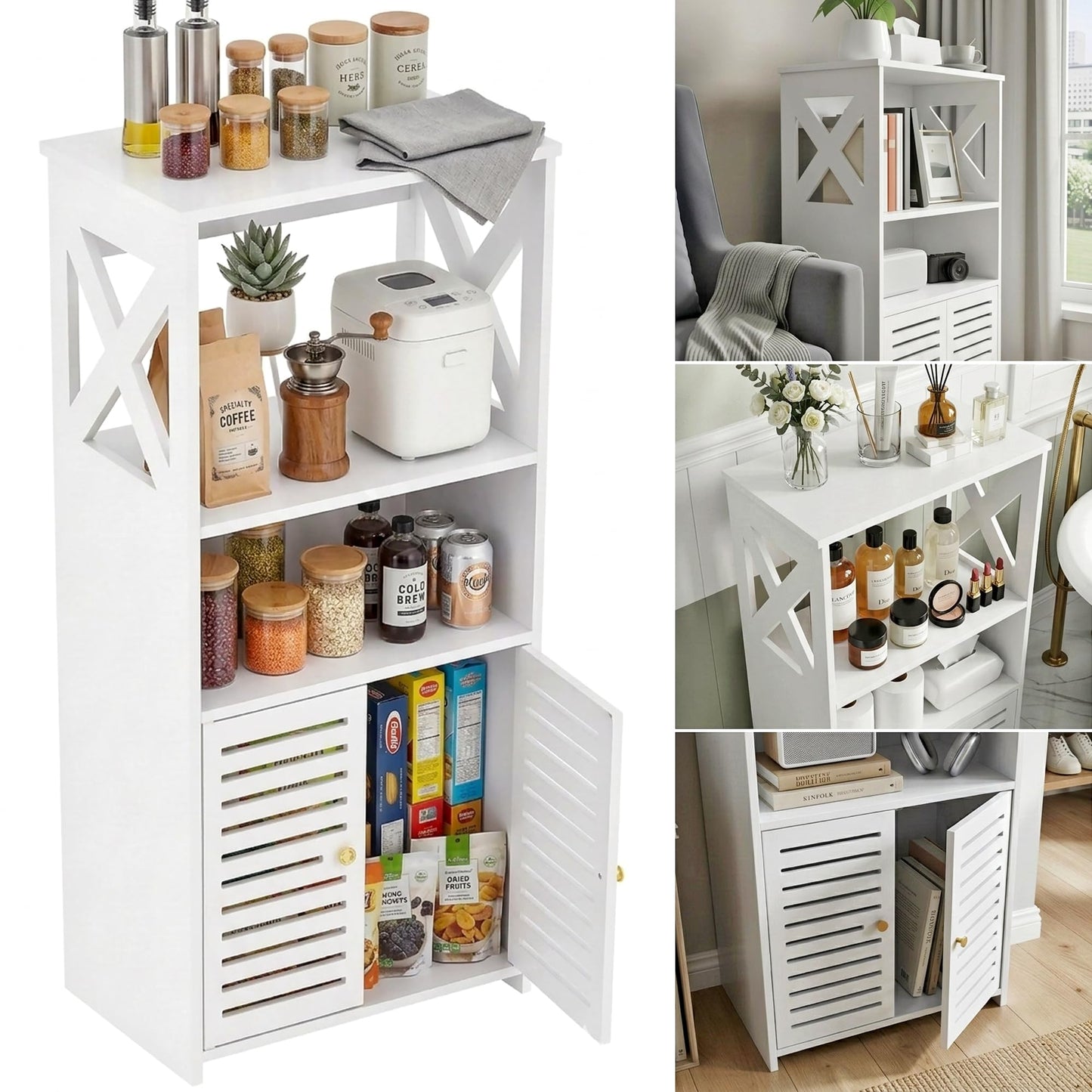 BYFU Bathroom Storage Cabinet, 4-Tier White Small Floor Cabinet Freestanding Organizer with Door and Shelf for Living Room Hallway Kitchen Small Space (8.7" D x 14.2" W x 29.1" H)