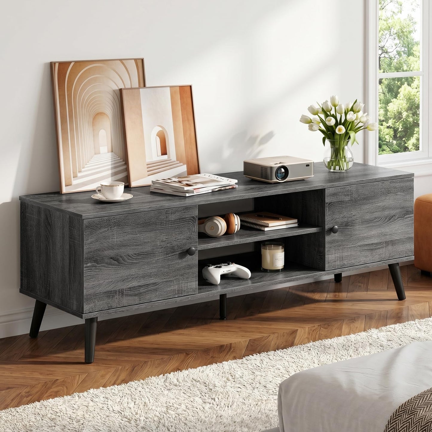 DUMOS TV Stand for 55 60 inch TV, Modern Mid Century Entertainment Center with Storage, Wooden Media Console Table with 2 Cabinets, for Living Room, Bedroom, Grey