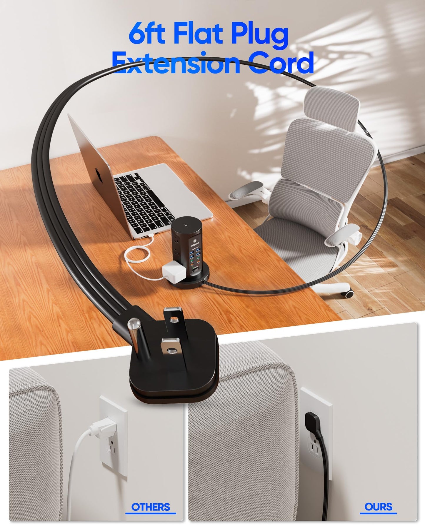 Power Strip Tower, PD 65W USB Charging Tower, kakyanill Surge Protector Tower 9 AC Outlets 8 USB (4 USB C), 6 Ft Retractable Extension Cord, Charging Station for Office Dorm Room, Black