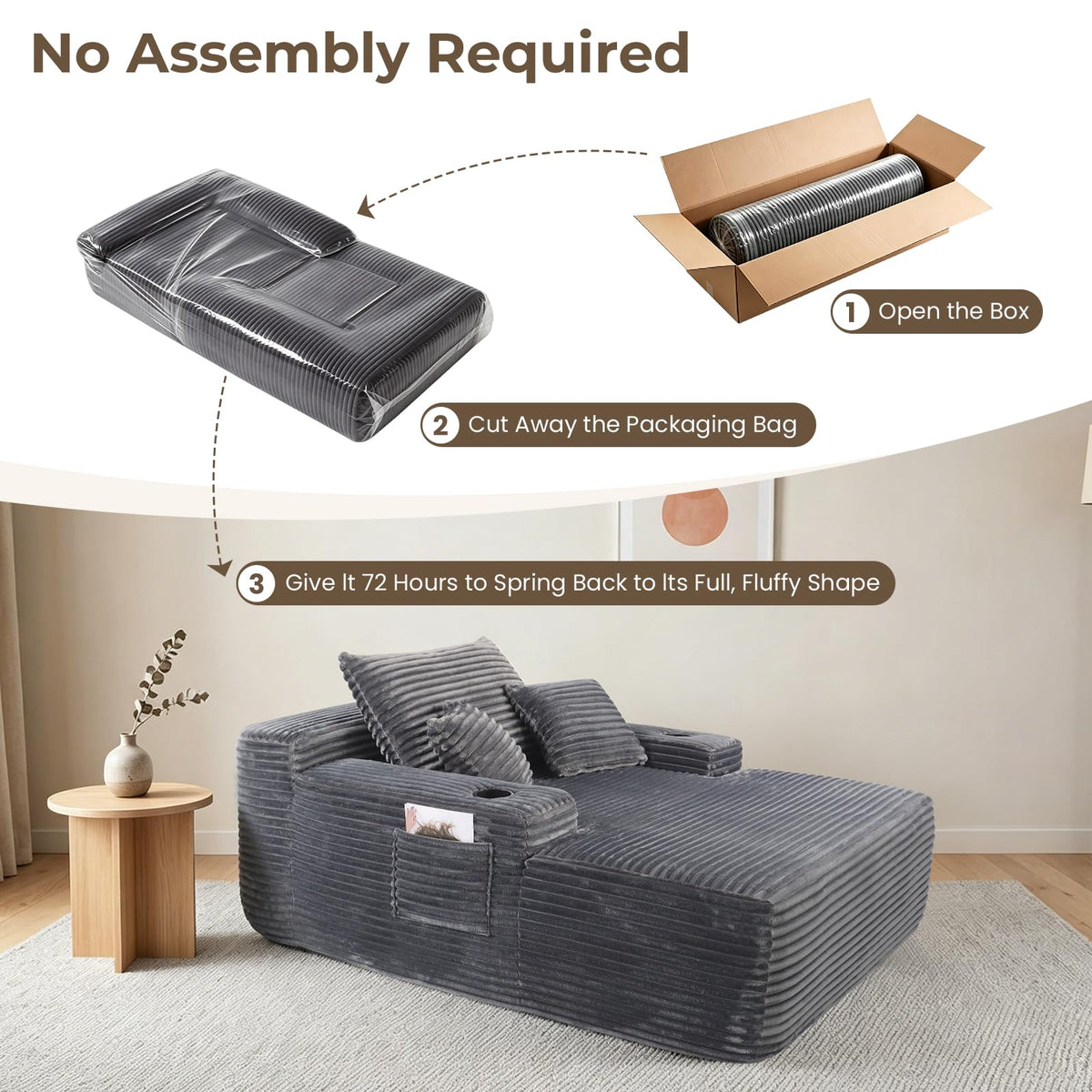 Yafylly 65" Boneless Chaise Lounge, Oversized Corduroy Sleeper Bed with Cup Holders & Side Pockets – No Assembly, for Living Room, Bedroom, Reading Nook, Lounge, Grey