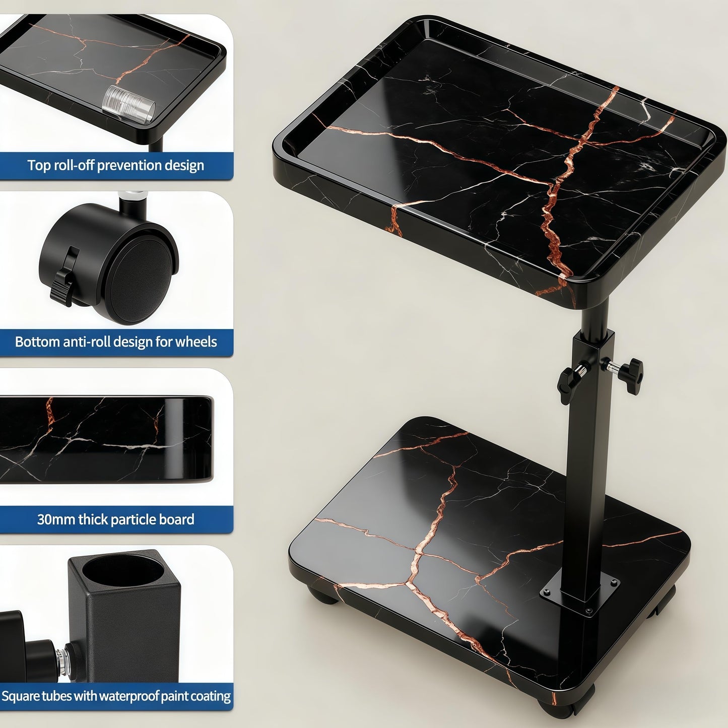 SJIE C Table End Table Adjustable Height, 360°Swivel TV Tray Table for Small Spaces, Side Tables with Wheels for Living Room and Bedroom, Bed (Black-15.7 x 11.8 inches)