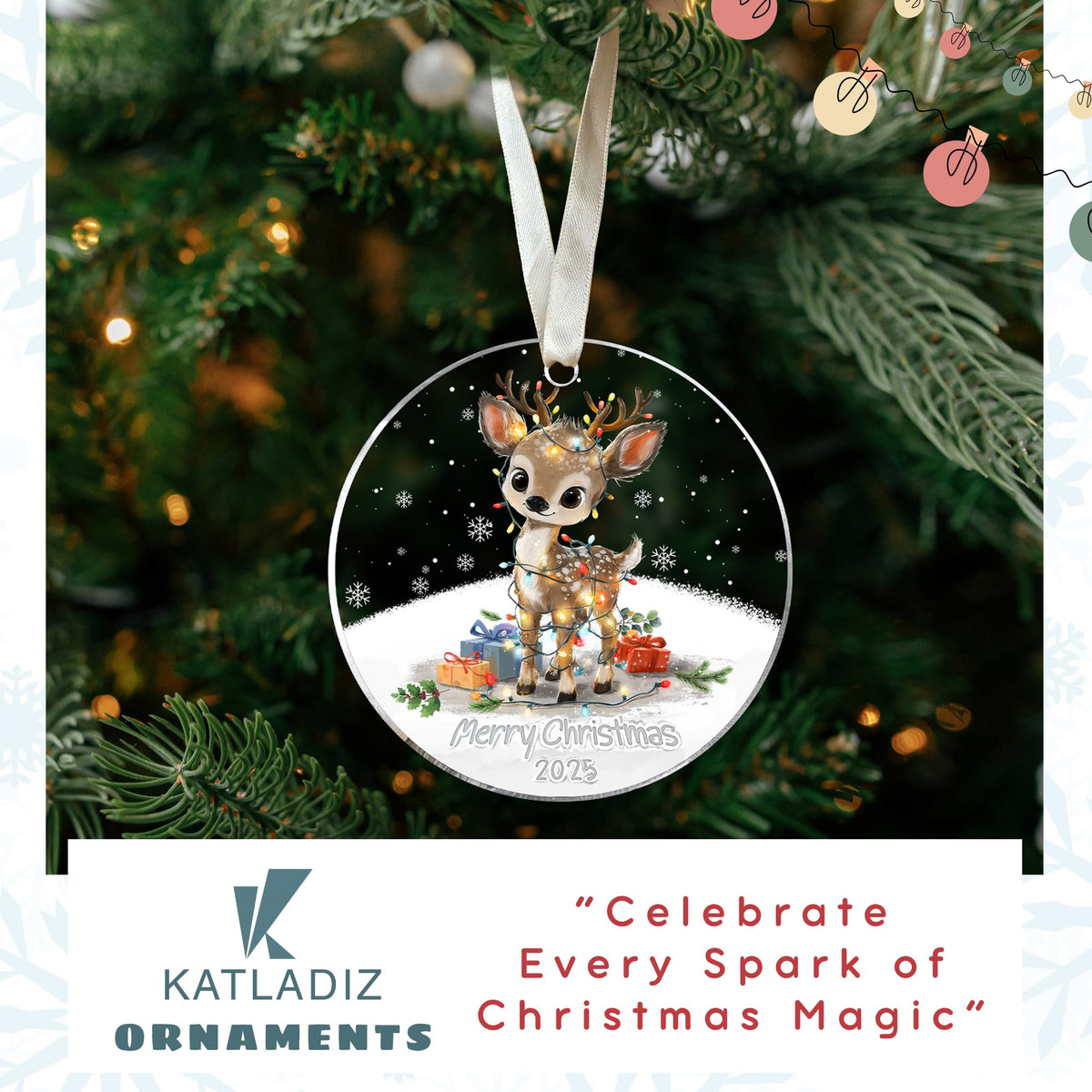 KATLADIZ Reindeer Ornaments - Reindeer Christmas Ornaments - Cute Reindeers Christmas Ornament - Animals Gifts for Reindeers Lovers, Women, Men - Acrylic Ornament 2025