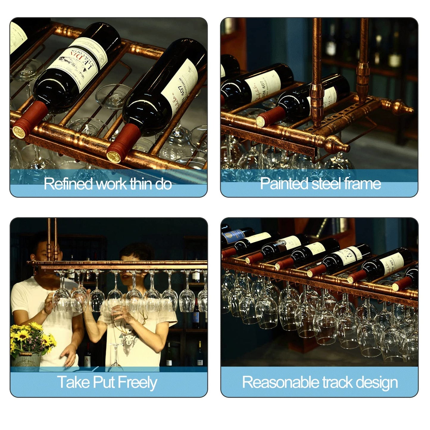 QWBDNMQP Ceiling Wine Glass Rack, Hanging Wine Bottle Rack, Height Adjustable Hanging Wine Rack Cabinet, Bottle Holder Perfect for Bar Cafe Kitchen Storage Decorate Shelves (Size : 60x30cm