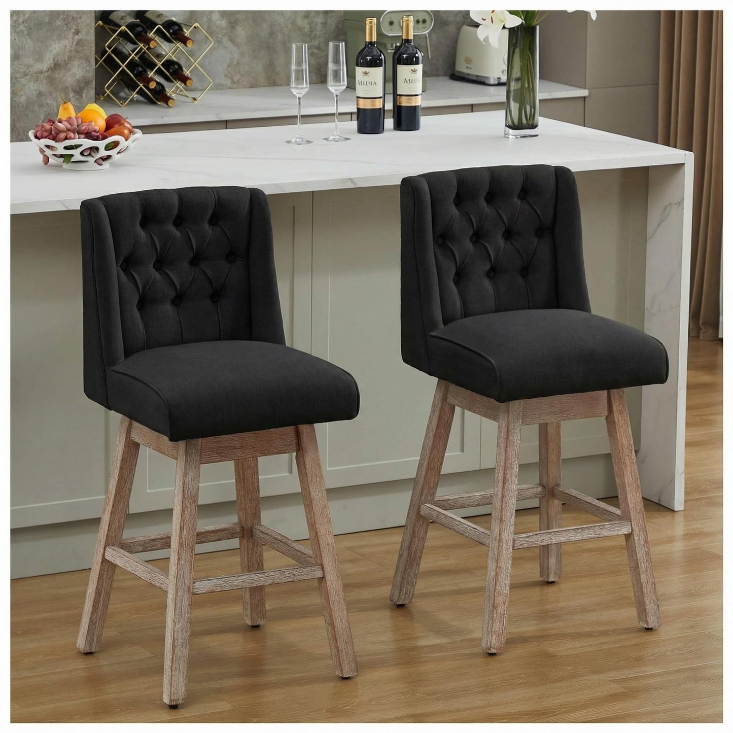 UDAX 26" Swivel Bar Stools Set of 4, Counter Height Barstools with Back, Linen Fabric Upholstered Bar Stools, Modern Barstools Wood Legs for Kitchen Island Dining Room Bar