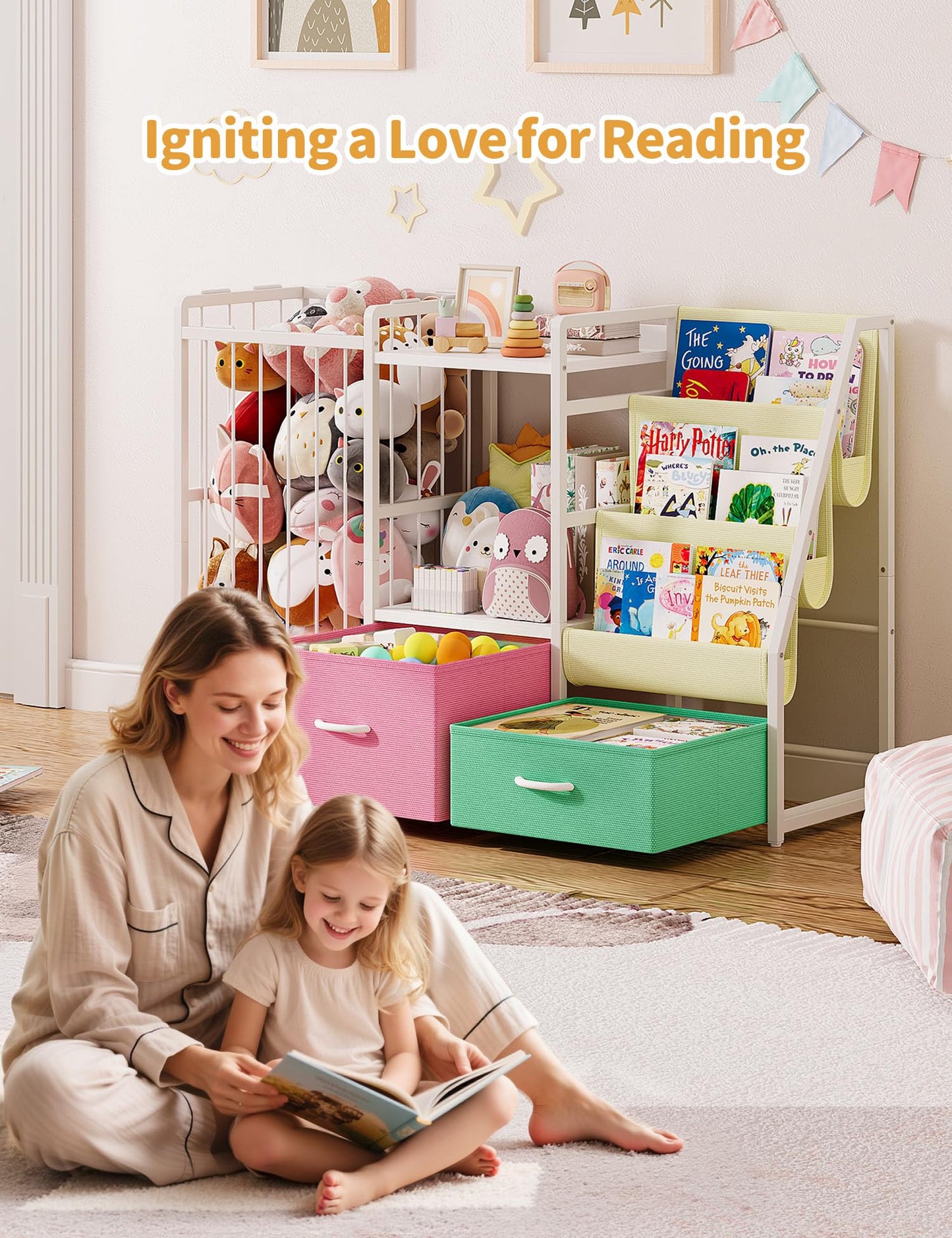 Twinkoo Kids Bookshelf and Toy Storage, Large 3 Tier Book Shelf for Kids Rooms, Sling Baby Bookcase with Stuffed Animal Storage, Toddler Montessori Bookshelf (Pink&Green, 3 Column)