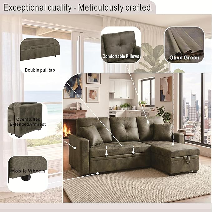 L Shaped Sectional Couch with Storage and Pull Out Bed, 3 Seater Sleeper Sofas