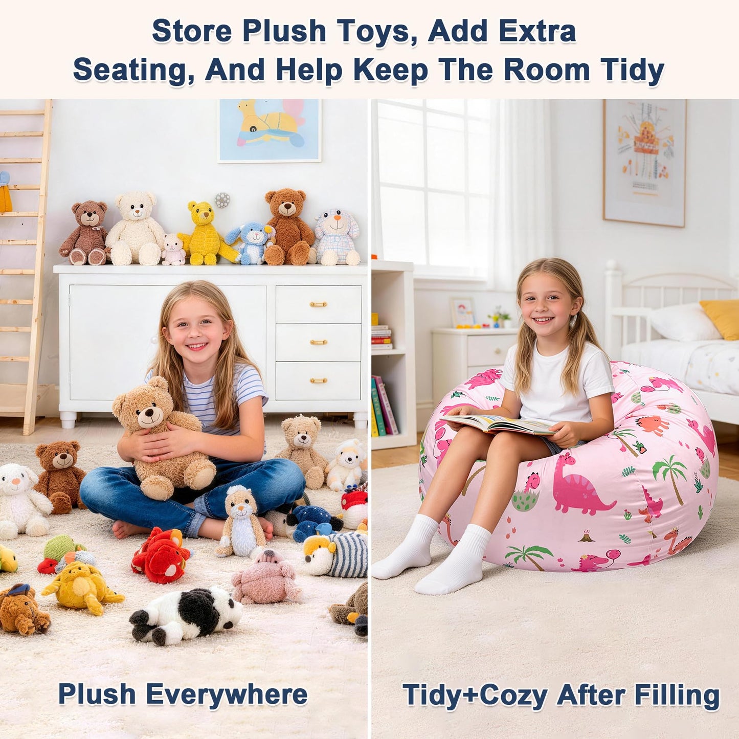 Lukeight Stuffed Animals Storage Bean Bag Chair Cover for Kids, Cozy Velvet Plush Toy Organizer Seat, Cover Only, No Filling Included, Long YKK Zipper, Side Pocket, X-Large 30 x 18 in