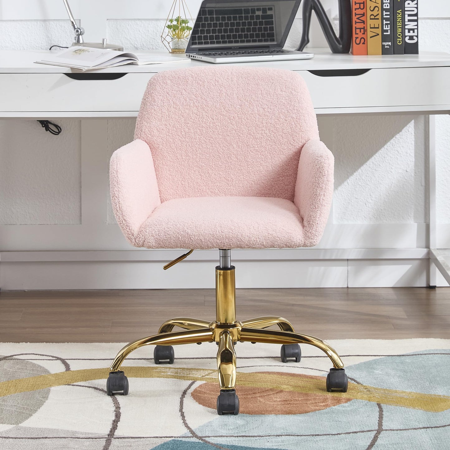 KCC Faux Fur Vanity Makeup Desk Chair, Comfy Fluffy Swivel Modern Leisure Armchair with Wheels, Upholstered Fuzzy Height Adjustable for Teens Women Girls Elegant Home Office, Pink