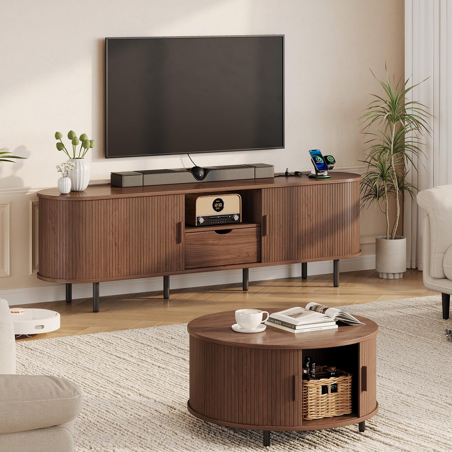 69" Mid-Century TV Stand with Power Outlet, Fluted Entertainment Center with Storage Drawer, TV Console with Sliding Door and Adjustable Shelves, TV Stand up to 80" for Living Room, Bedroom, Walnut
