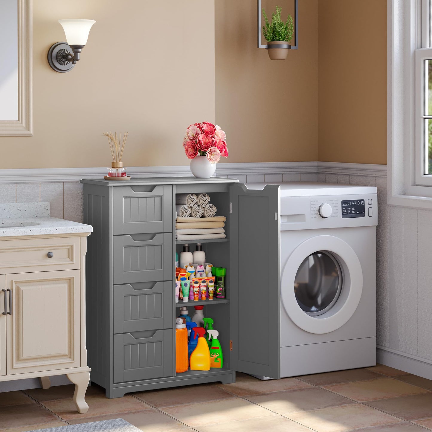 Gizoon Small Pantry with Door and Shelves, 33'' Kitchen Pantry Cabinet Freestanding Wooden Bathroom Storage Cabinet with 4 Drawers for Kitchen and Dining Room, Gray, Painted