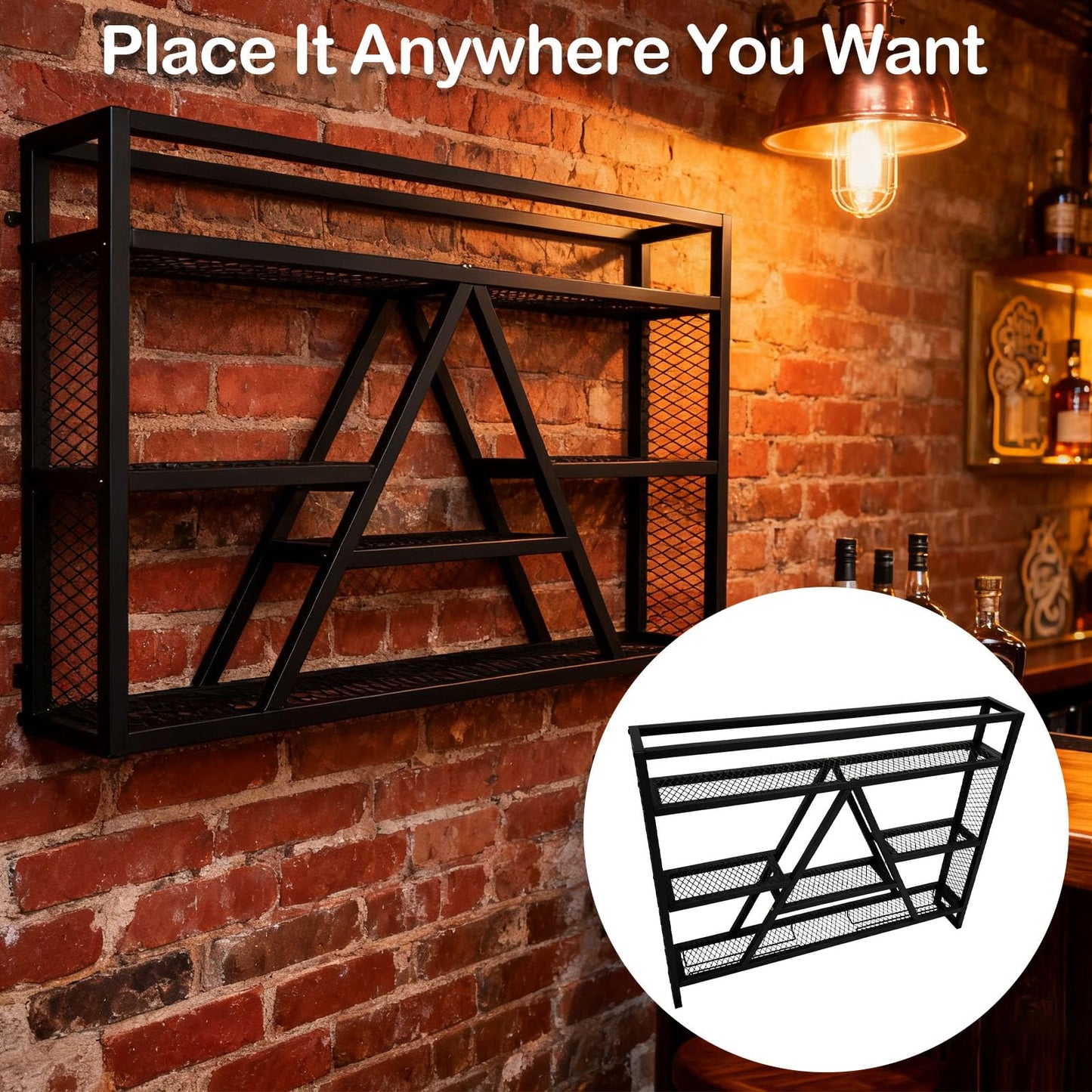 KIPPDURO Wall Mounted Wine Rack with LED Lights, 39.4in Metal Wine Bottle and Glass Holder, A-Frame Bar Shelf for Kitchen, Bar, Cafe Wine Rack Background, (Black, 39.4 * 5.9 * 31.5INCHES)