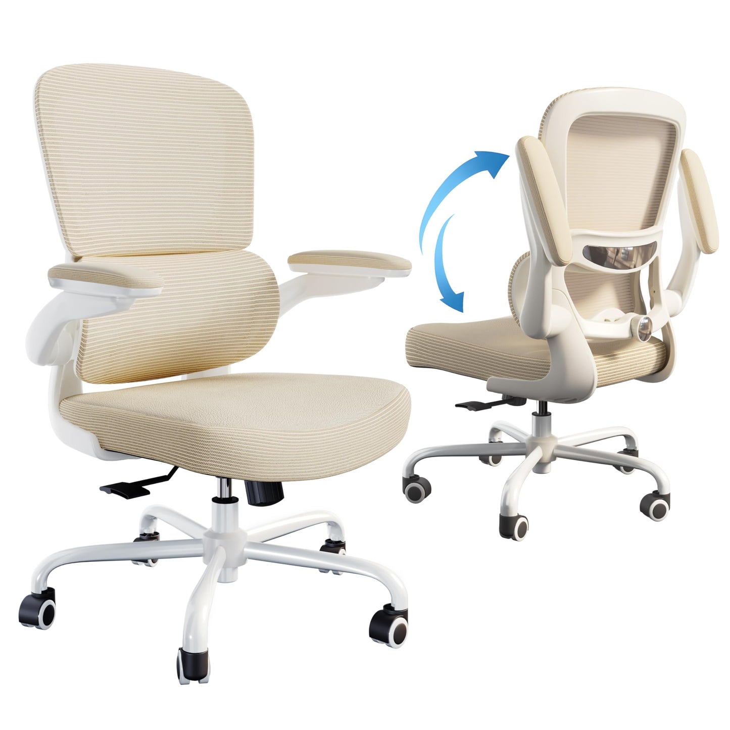 TRALT Ergonomic Office Chair - Desk Chair with Adjustable Lumbar Support Computer Chair - Mesh Comfy Chair with Flip-up Armrests - Gaming Chairs for Adults Home Office (Leather, Beige)