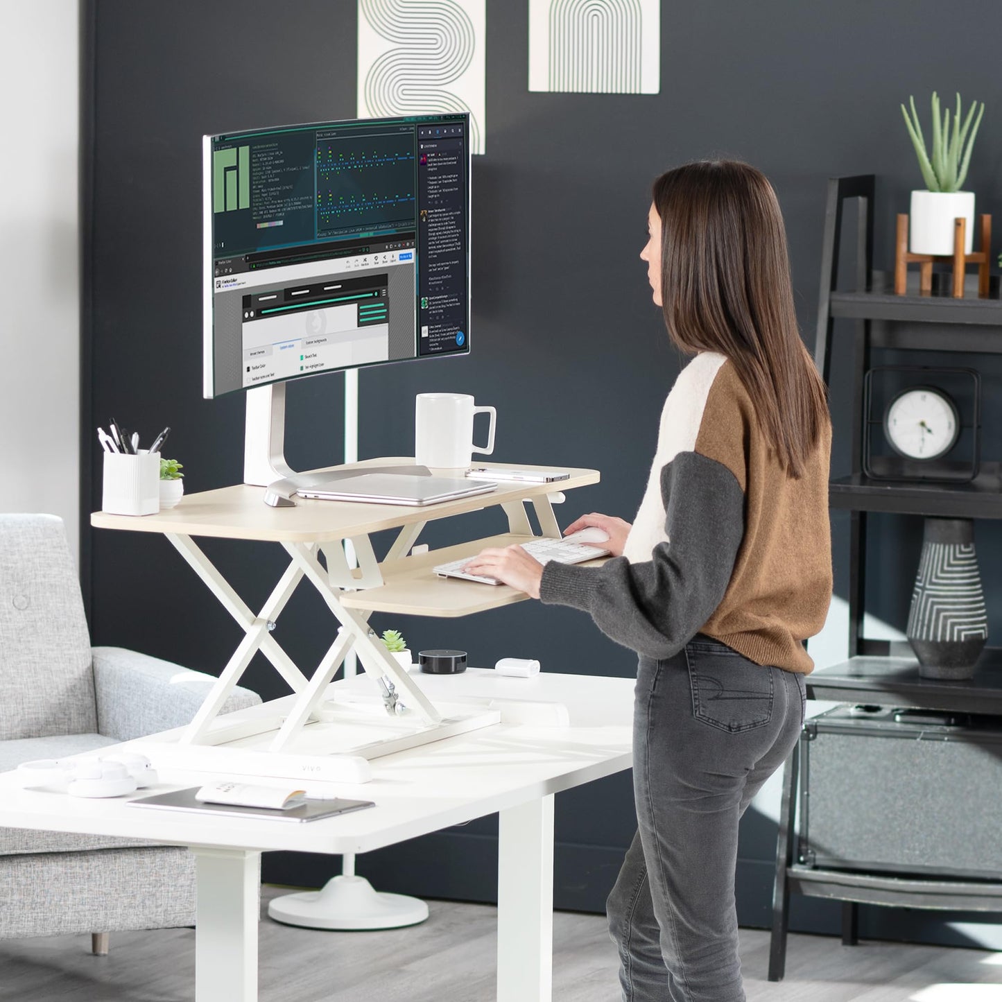 VIVO 42 inch Desk Converter, K Series, Height Adjustable Sit to Stand Riser, Dual Monitor and Laptop Workstation with Wide Keyboard Tray, Light Wood Top, White Frame, DESK-V042KF