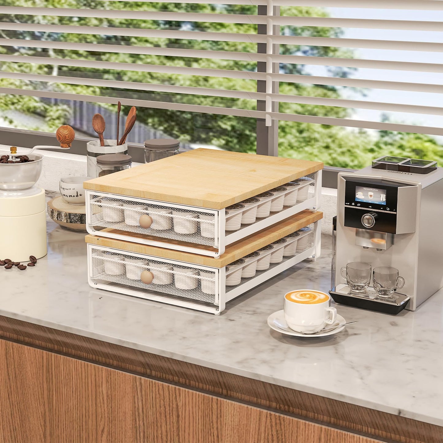 Sedegn Coffee Pod Holder Counter Coffee Vertuo Capsules Storage Organizer with Sliding Drawer Compatible For 35 K-Cup Pods No Assembly Needed Natural Colour
