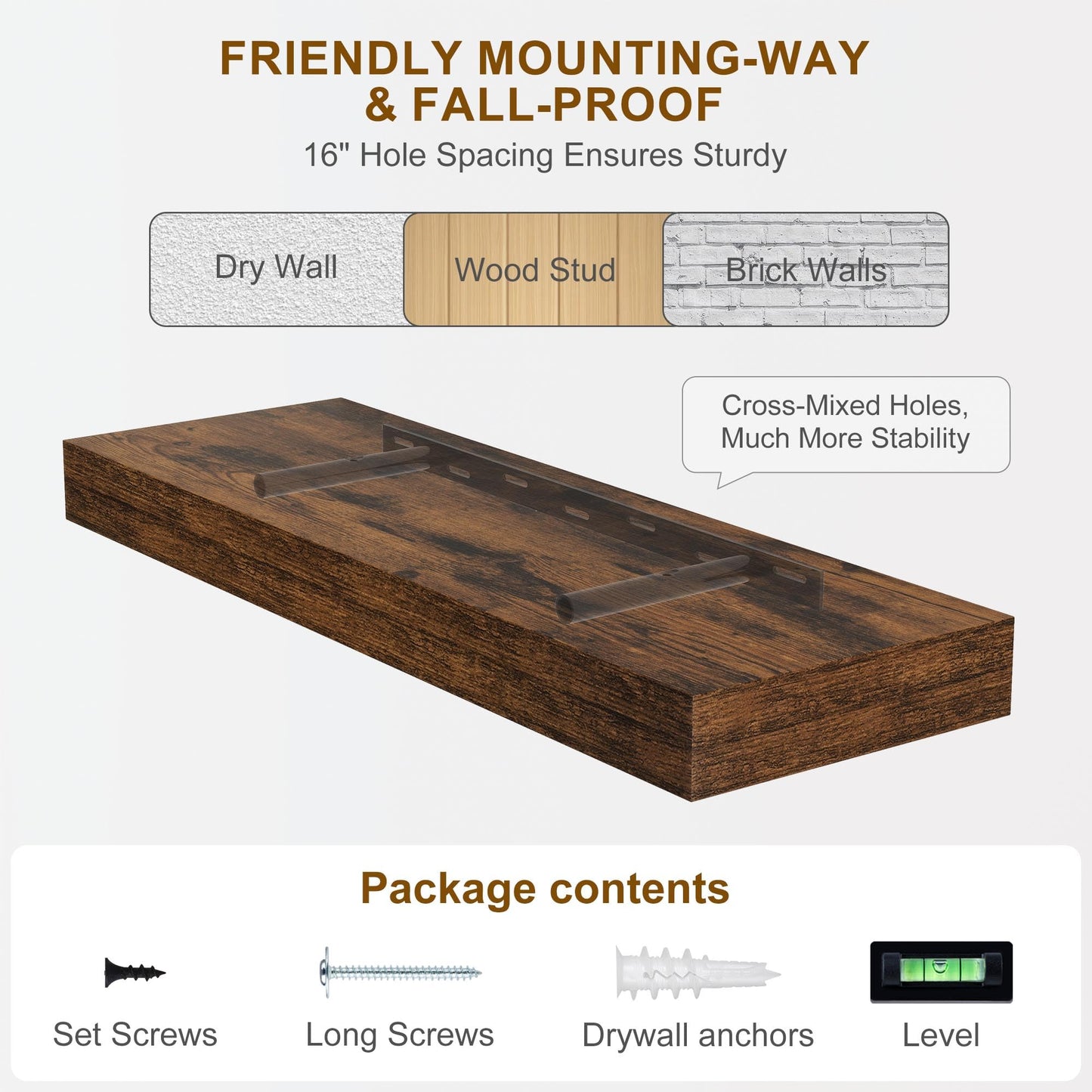 Fun Memories Floating Shelves for Wall, 20Inch Floating Shelves Set of 2, Hanging Shelf with Invisible Brackets, Wood Shelves for Living Room, Bedroom, Kitchen, Brown