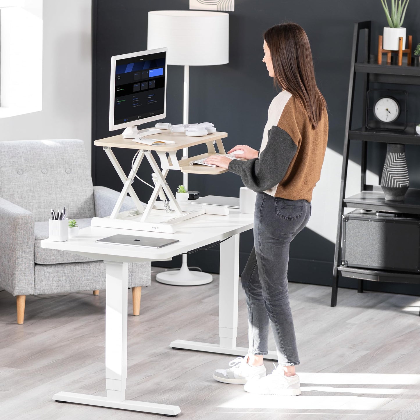 VIVO 26 inch Desk Converter, K Series, Height Adjustable Sit to Stand Riser, Dual Monitor and Laptop Workstation with Keyboard Tray, Light Wood Top, White Frame, DESK-V026KF