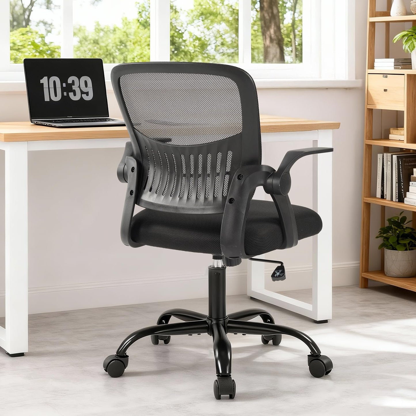 DUMOS Home Office Desk Chair - Ergonomic Computer Mesh Chair with Lumbar Support & Rocking Mode, Height Adjustable, Flip-up Armrest, for Conference, Meeting Room, 360° Swivel, Adults, Black