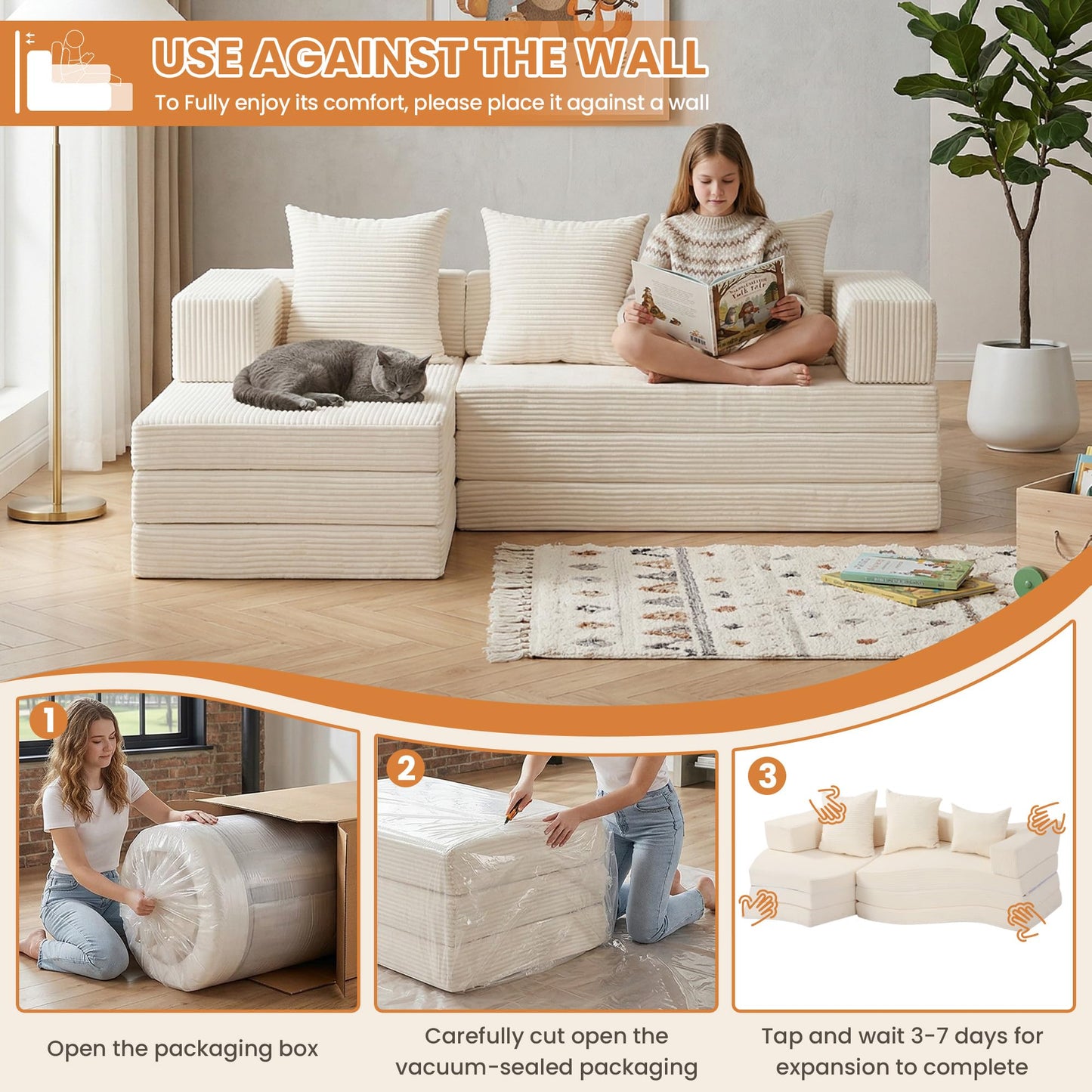 65" Boneless Couch,Convertible Sleeper Sofa Bed, Modular Sectional Sofa, Modern Tri-Folding Cloud Couch with L-Shape Chaise, Corduroy Futon Couches for Small Spaces Apartment,No Assembly