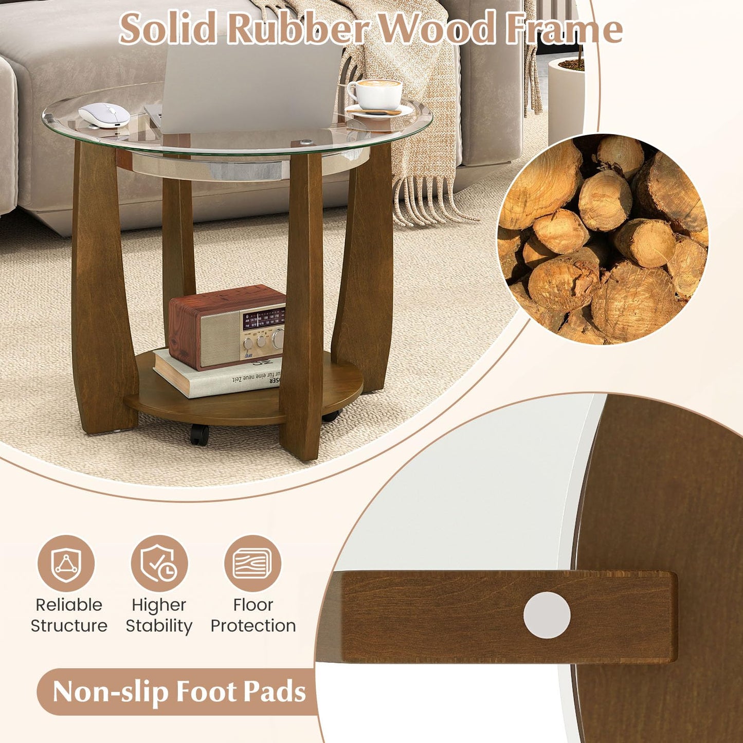 Giantex Round Glass Coffee Table, 32" Rolling Center Tables with Wheels, 2-Tier Cocktail Tea Table with Storage Shelf, Solid Rubber Wood Legs, Tempered Glass Top, Modern Living Room Tables (Walnut)