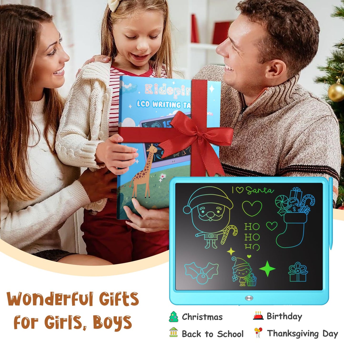 LCD Writing Tablet for Kids, Kidopire 15-Inch Large Screen Doodle Board Drawing Tablet Writing Pad Educational Toddler Toys, Birthday Gifts for 3-12+ Year Old Girls Boys Message Practice Tablet, Blue