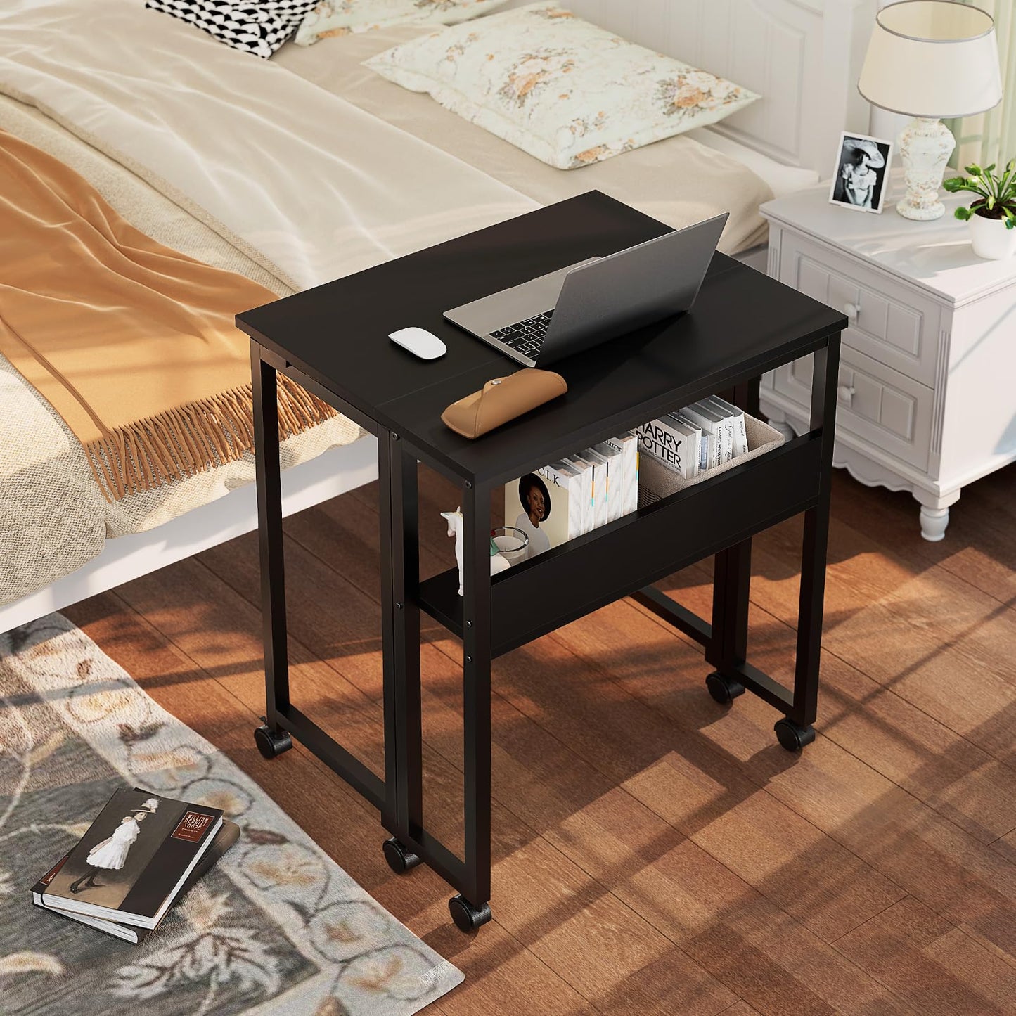 GreenForest Folding Desk with Wheels, 24.8 Inch Compact Rolling Computer Table with Storage Shelf, Portable Mobile Workstation for Small Spaces, Easy Assembly, Black