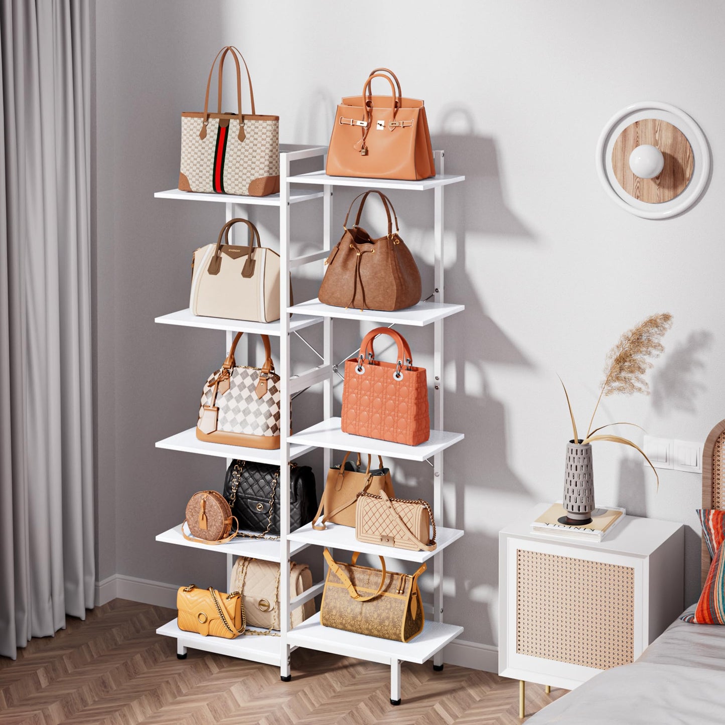 Aquzee Purse Display Shelf, 5 Tier Purse Rack, Tall Purse Organizer, Bag Handbag Organizers for Women Closet Cloakroom Bedroom Entryway, White
