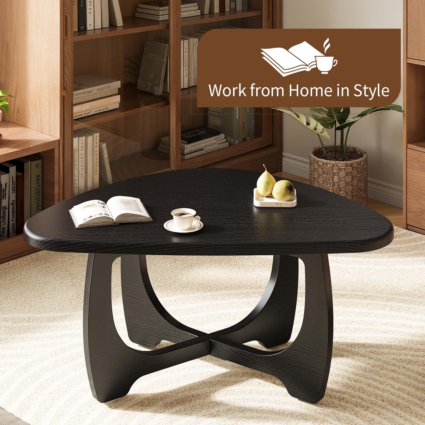 Curlaky Coffee Table for Living Room - Mid Century Modern Coffee Tables with Triangle Top, Unique Small Round Coffee Table, Wood Oval Tea Table with Solid Legs for Bedroom, 35.8"x 22.5" x 16.2" Black