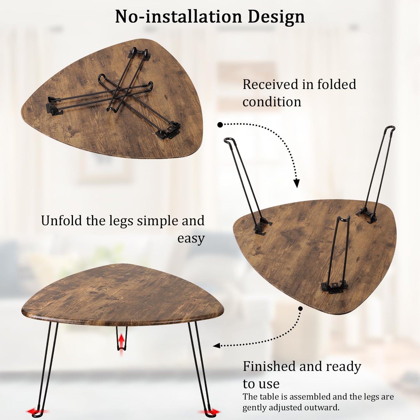 FEUFOAM Folding Coffee Table Triangle Designs Oval Coffee Tables Mid Century Wooden Triangular Accent Table with Metal Legs Foldable Industrial Sofa Center Table for Living Room Space Saving