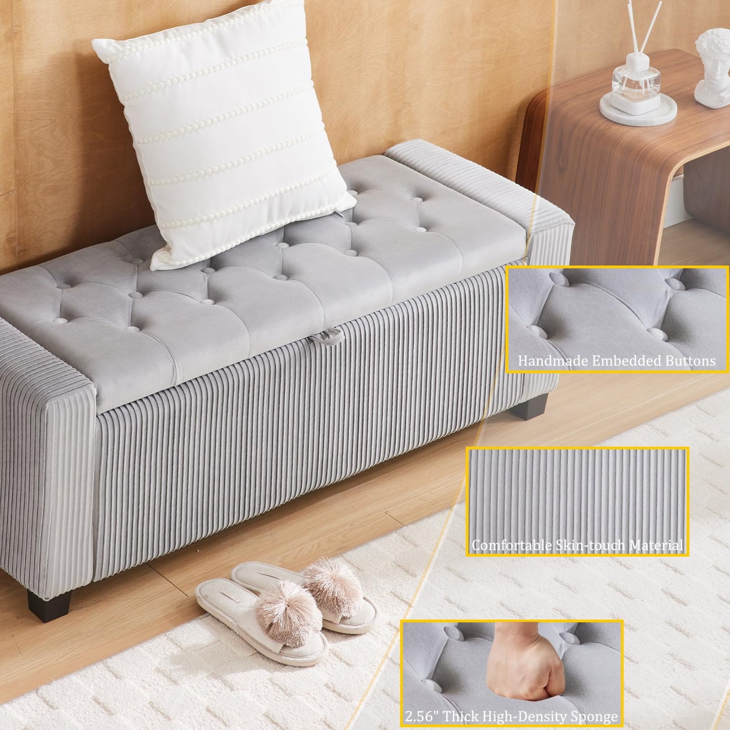 2BYF 43" Ottoman Bench with Storage for Bedroom, Comfort Upholstered End of Bed Storage Bench with Safety Hinges, Sturdy Wooden Footstool & Shoe Bench for Living Room, Entryway (Grey)