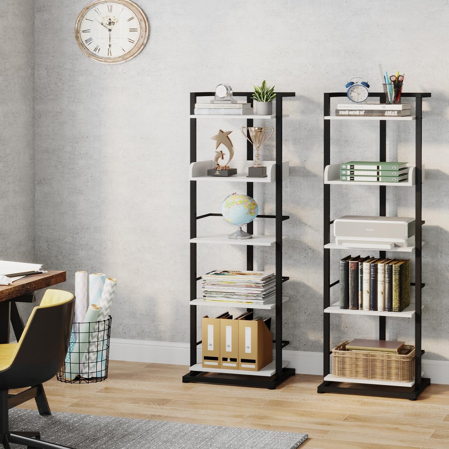 Hosfais Book Shelf Tall Bookshelf: 5 Tier Wood Bookcase with Metal Edge Protection Industrial Narrow Bookshelf Corner Storage Organizer Display Book Rack for Living Room Bedroom Office (Black White)