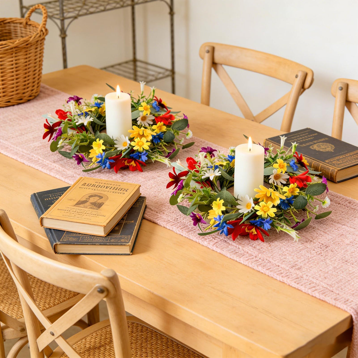 6 PCS Spring Summer Artificial Floral Candle Rings Wreath Sunflowers Daisy Forsythia Candle Rings Pillar Holder Wreath Mini Eucalyptus Candle Wreaths Kitchen Cabinet Swags for Home Tabletop Decor