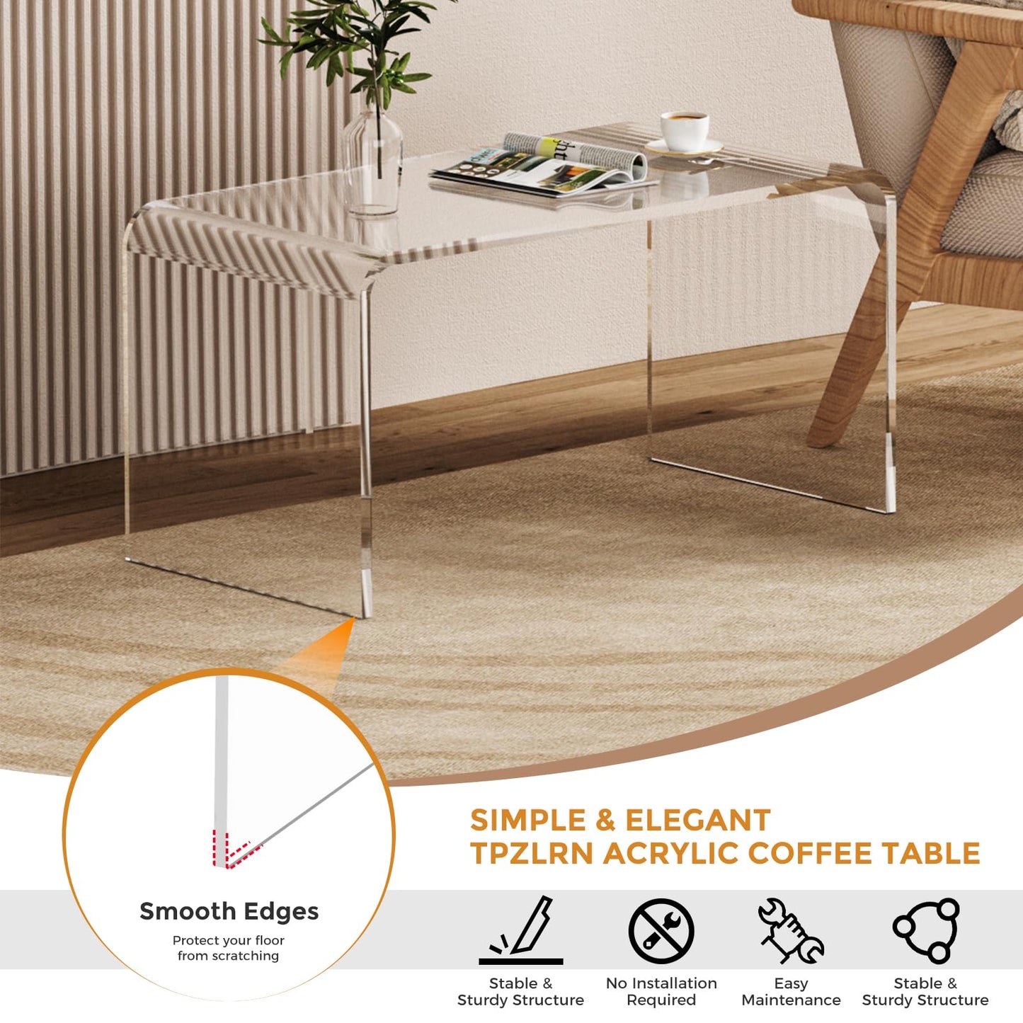 TPZLRN Premium Acrylic Coffee Table, 32" L x 16" W x 16" H Modern Clear Coffee Table, 0.6'' Thick Rectangle Waterfall Table for Living Room, Office, Hotel, Showroom, Transparent