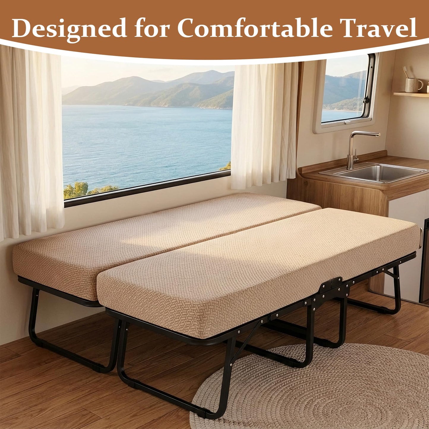Deerdtride RV Couch Covers for Sofa Bed - 2-Piece Stretchable Jackknife Sleeper Sofa Cover, RV Furniture Slipcover,Khaki