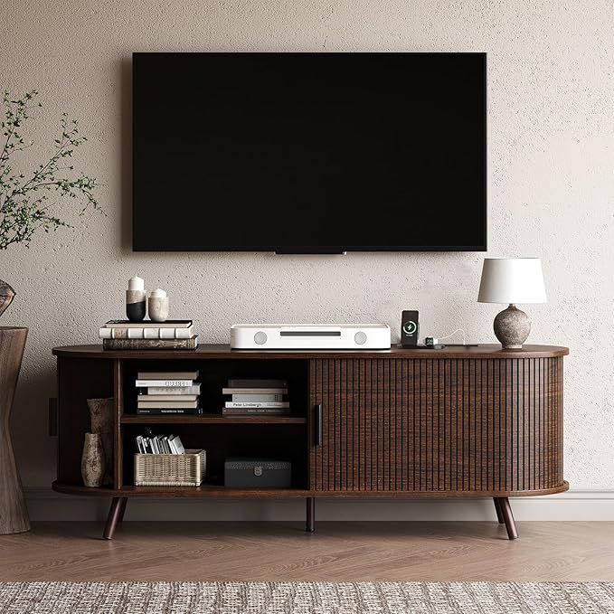 55 inch TV Stand with Power Outlet, Fluted Entertainment Center