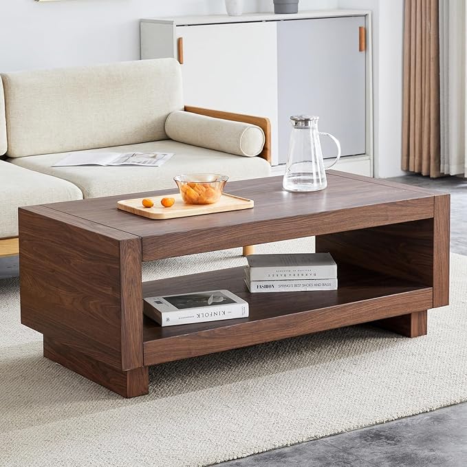 Walnut Mid-Century Coffee Table, 47.2" W×23.6" D×18" H,Rectangular MDF Storage