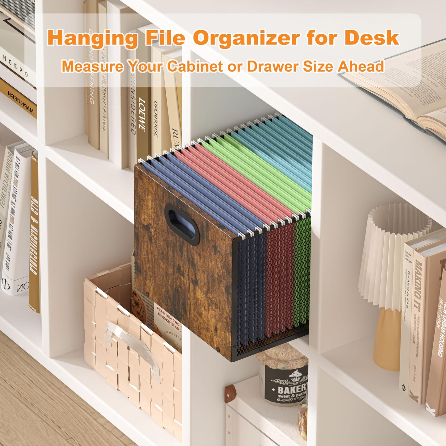 Piskyet Wooden Hanging File Organizer for desk, Metal Mesh File Folder Organizer Crate Cabinet Storage Box with Handle for Home Office Desk,Letter - Size,Rustic Brown