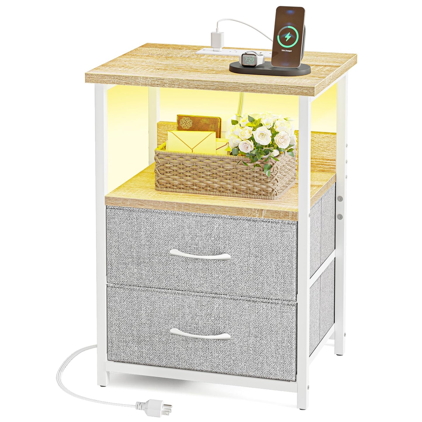 Fixwal Night Stand with Charging Station, LED Nightstand with U-S-B Ports and Outlets, 2 Fabric Storage Drawers with PU Finish, Small Bedside Table, Natural Oak & Light Grey