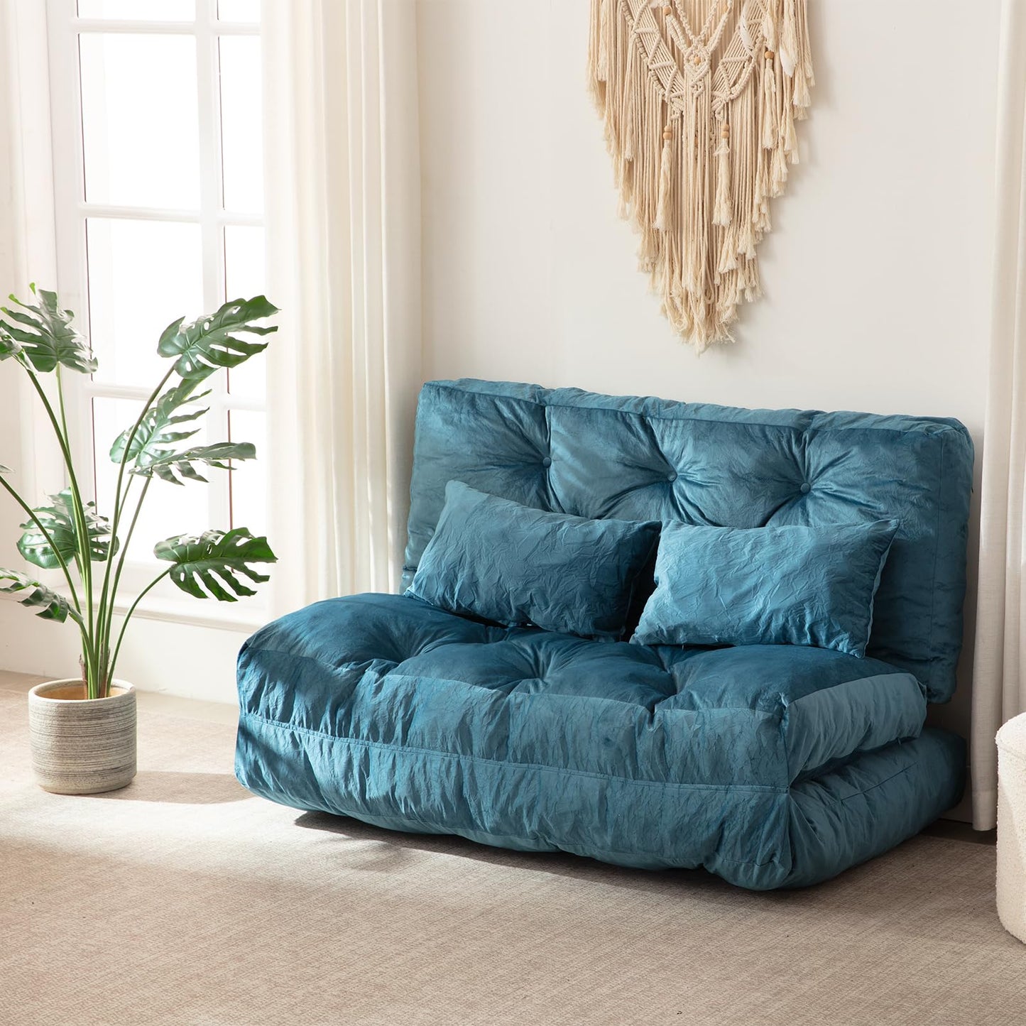 Folding Sofa Bed, Convertible Sleeper Chair with Pillow Foldable Mattress with Back Support, Portable Fold Out Chair Bed Comfy Floor Sofa Lounge for Living Room Bedroom, Blue Full 80x54 Inch