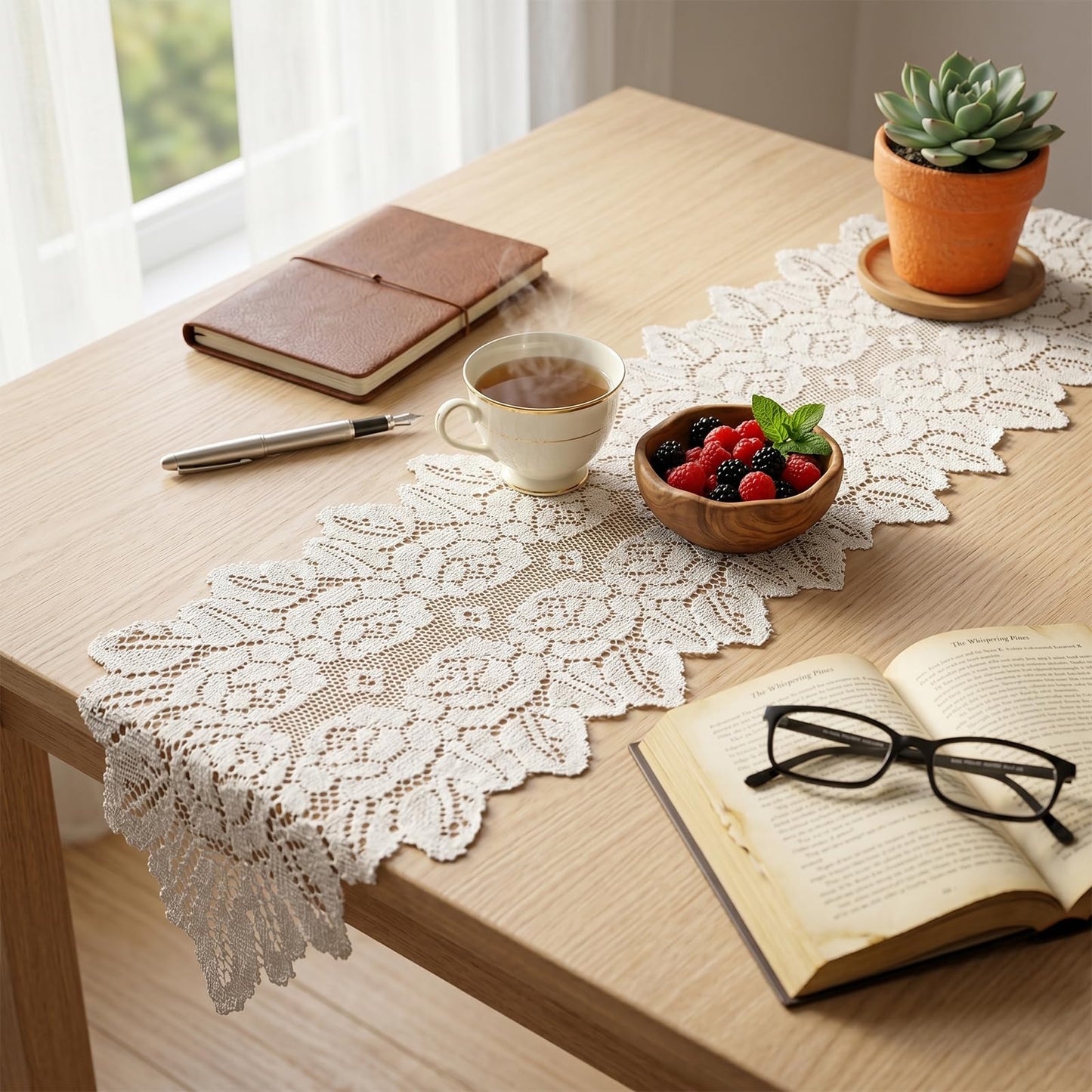Lace Table Runner Doilies Small Oval Beige Dresser Scarf Handmade Crochet Placemats Dresser Cover Top for Bedrooms Furniture Living Room Dining Decor(46.46 x 12.6 Inch)