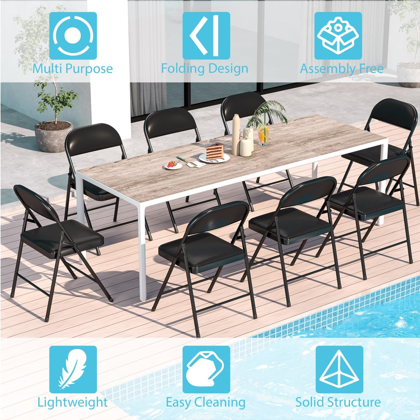 VOLIX 4 Pack Folding Chairs with Padded Cushion & Back, Padded Folding Chairs for Home, Office, Indoor, Outdoor Events (Black, 4 Pack)