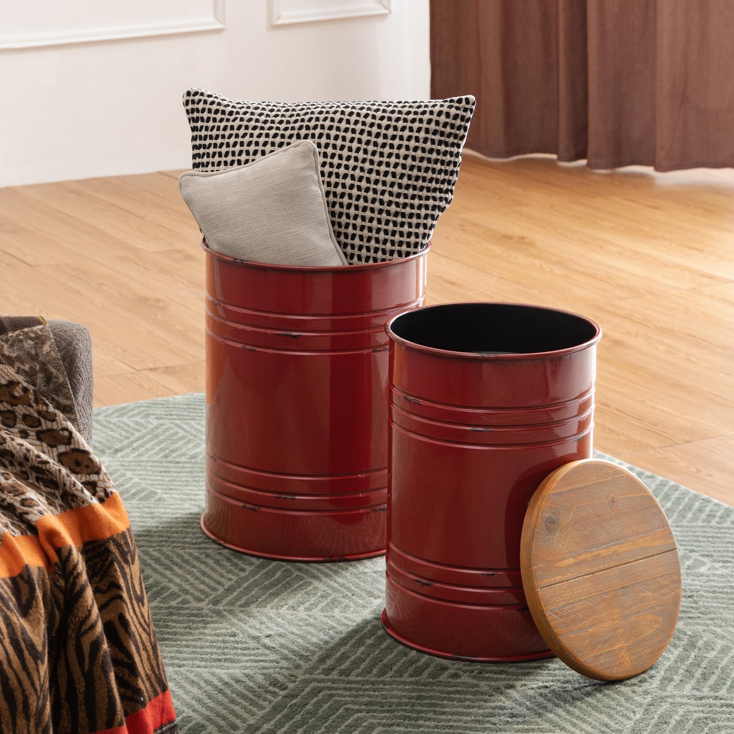 Glitzhome Rustic End Table Set of 2, Farmhouse Galvanized Metal Barrel Ottoman Storage Stool with Round Wood Lid for Living Room Furniture, Red