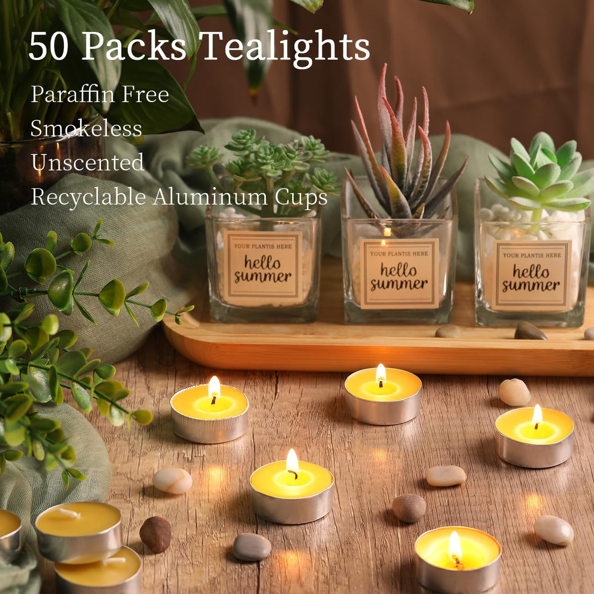 50 Packs Beeswax Tealight Candles, Pure Beeswax Candles Tea Lights Candle, Natural Organic Tealights Unscented Smokeless Clean Burning with 4 Hour Burn Time