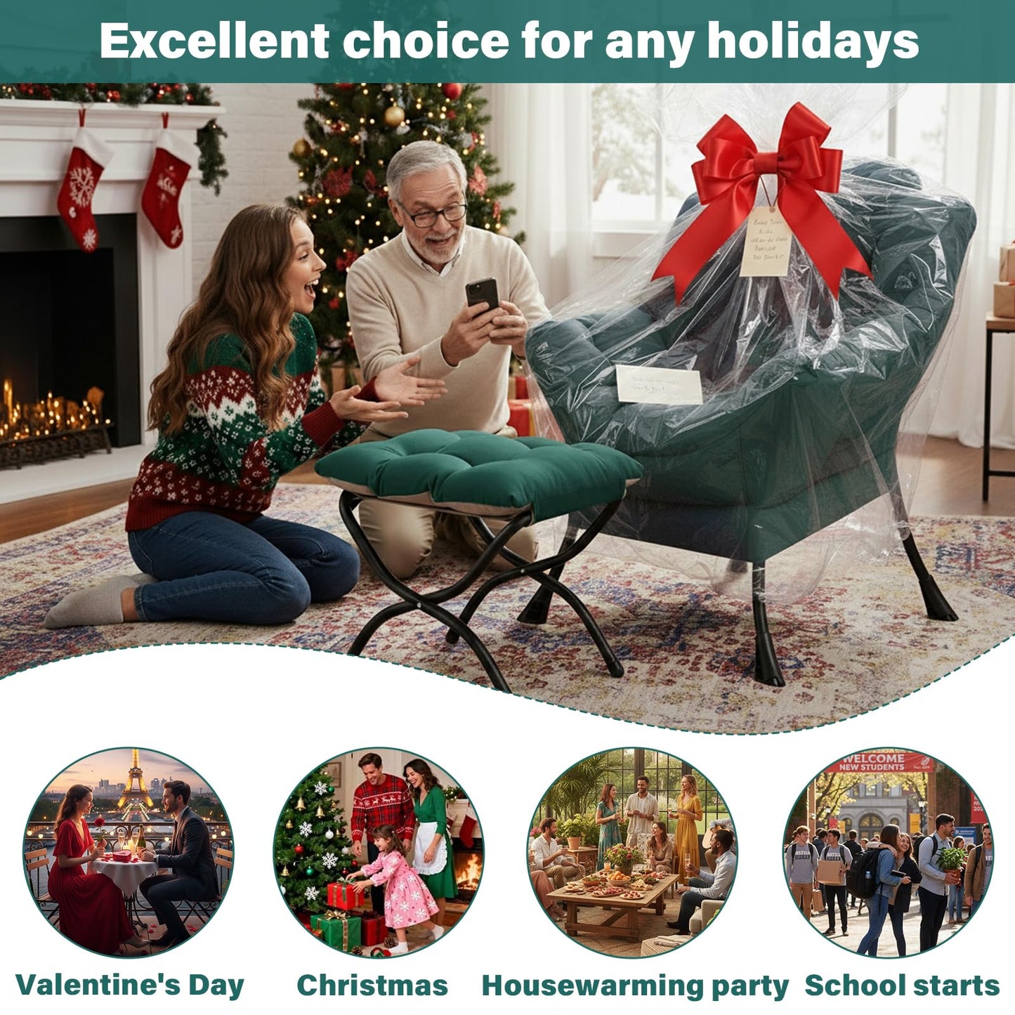 Givjoy Lazy Chair and Ottoman, Large Green Velvet Accent Chair with Side Pocket, Modern Leisure Upholstered Sofa Reading Armchair with Footrest for Office, Bedroom, Living Room, Dorm Rooms, Balcony
