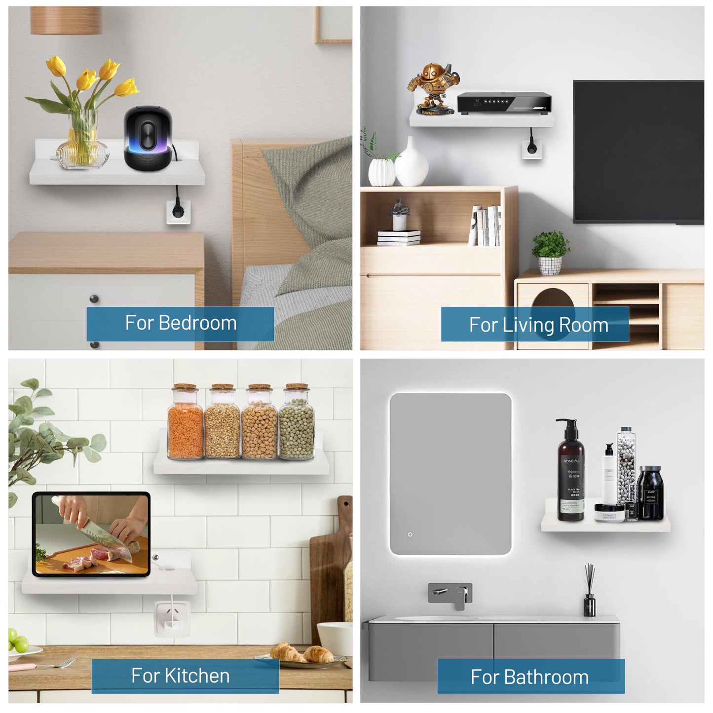 FURAOMEILI Small Floating Shelf for Wall,9X5 Inch Wall Mounted Shelf with Cord Hole,Small Display Shelves for Cameras, Webcam, Router,Smart Speaker,Action Figures-2 Pcs(White