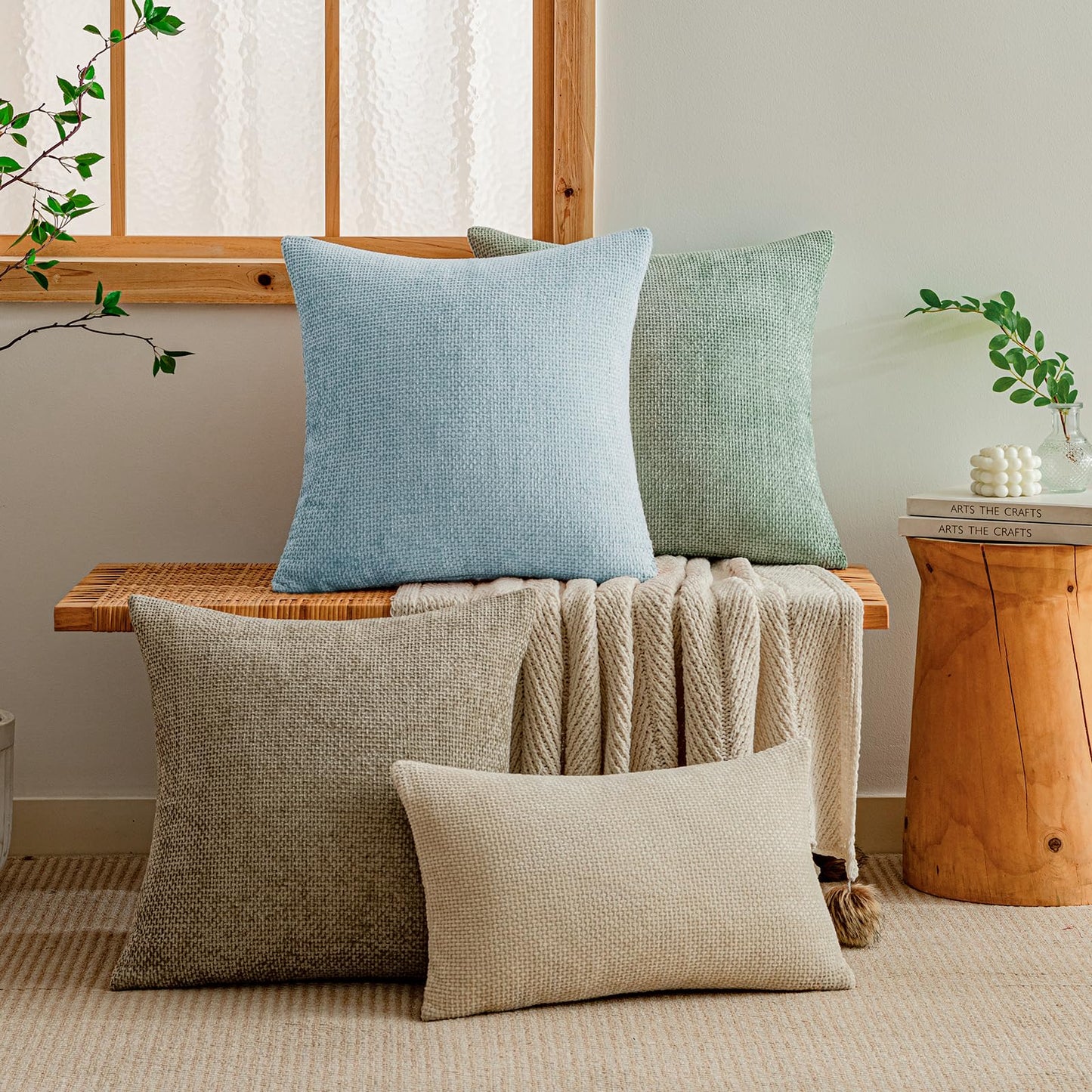 a moment Baby Blue Chenille Throw Pillow Covers 18x18 Inch Pack of 2 Modern Decorative Throw Pillow Covers Farmhouse Cross Covers Home Decor for Sofa Bedroom Living Room