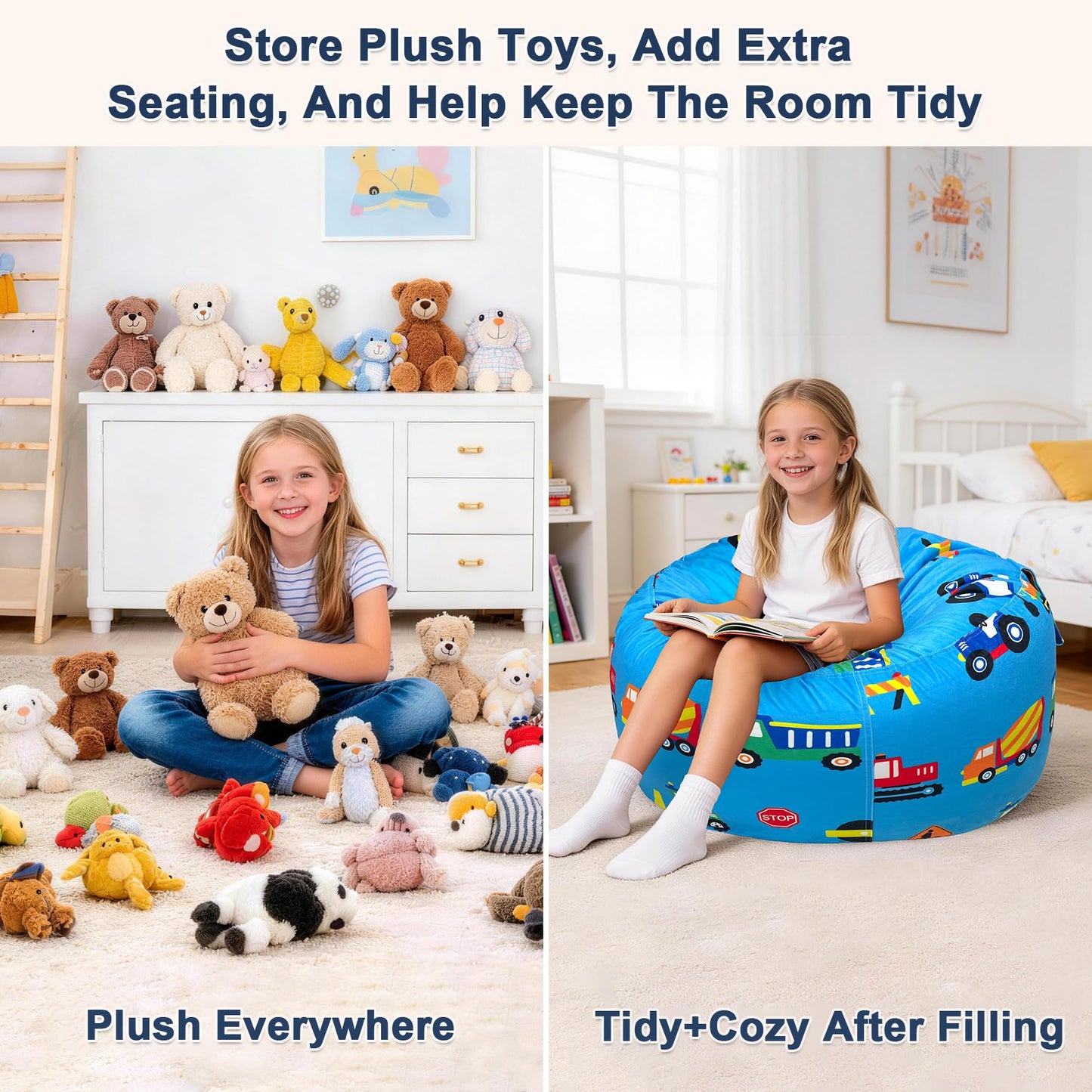 Lukeight Construction Stuffed Animals Storage Bean Bag Chair Cover for Kids, Cozy Velvet Plush Toy Organizer Seat, Cover Only, No Filling Included, Long YKK Zipper, Side Pocket, Large 27 x 16 in