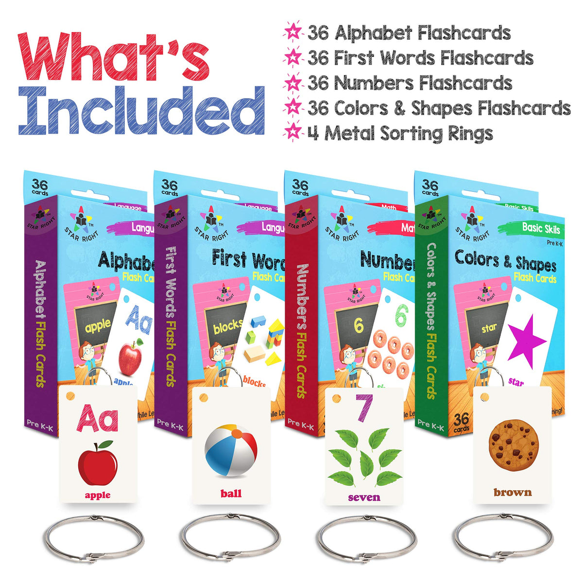 Star Right Flash Cards Set of 4 - Numbers, Alphabets, First Words, Colors & Shapes - Value Pack Flash Cards with Rings for Pre K - K