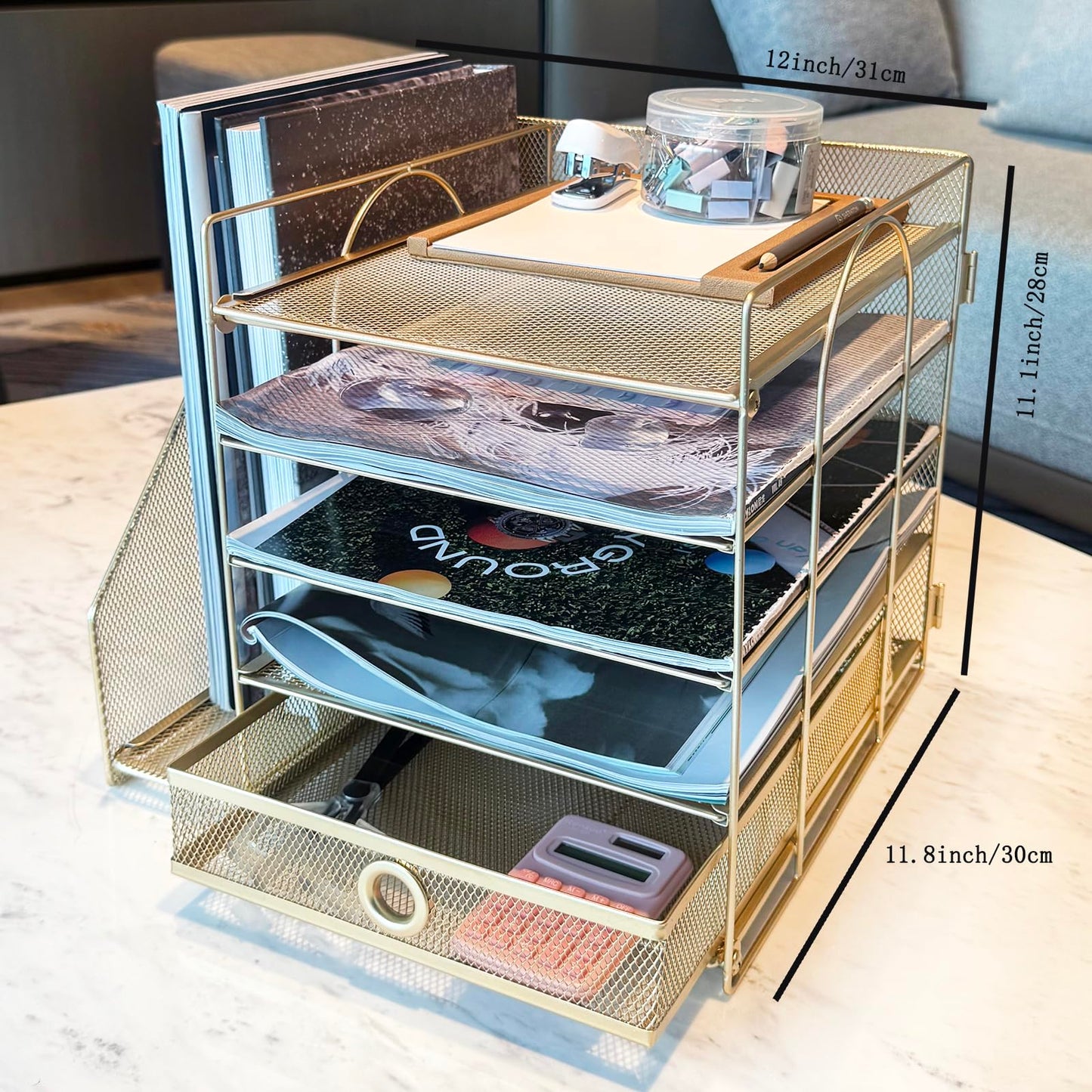 5-Tier Paper Letter Organizer with File Holder, Desk Organizer with Drawer, Mesh Desktop Storage with Magazine Holder for Office Supplies (Golden)