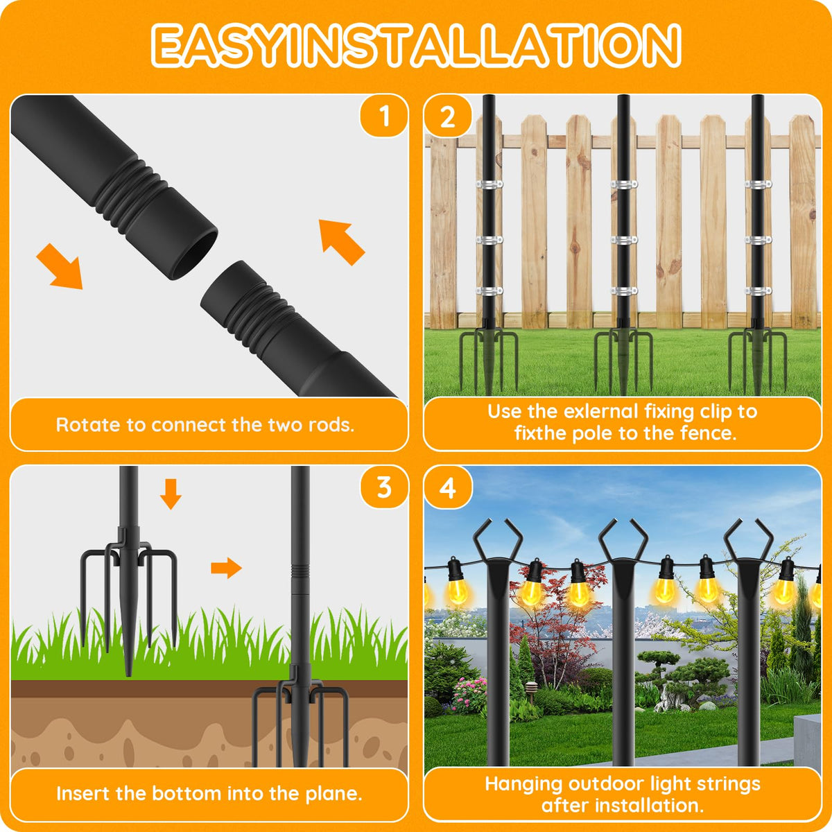 AHRLHR 2 Pack String Light Poles,Poles for Outdoor String lights10 Ft Metal Poles with Fork for Outdoor String Lights,Outdoor Light Poles with Fork,Patio,Deck,Backyard