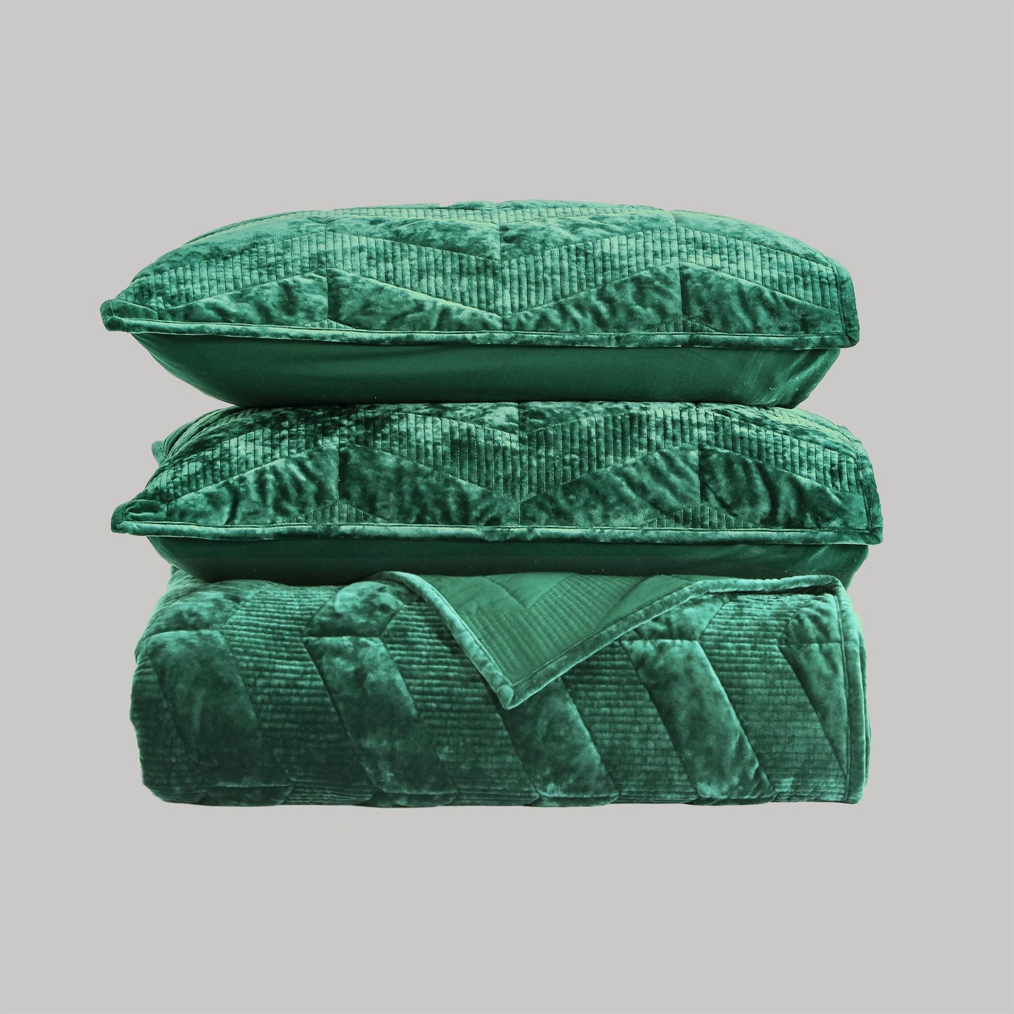 SHALALA Luxury Velvet Quilt Set Queen Size,Ultra Soft Lightweight Summer Velvet Comforter Set, Oversized Bedspread Coverlet with 2 Shams Geometries Pattern,for All Season(Forest Green,Queen)